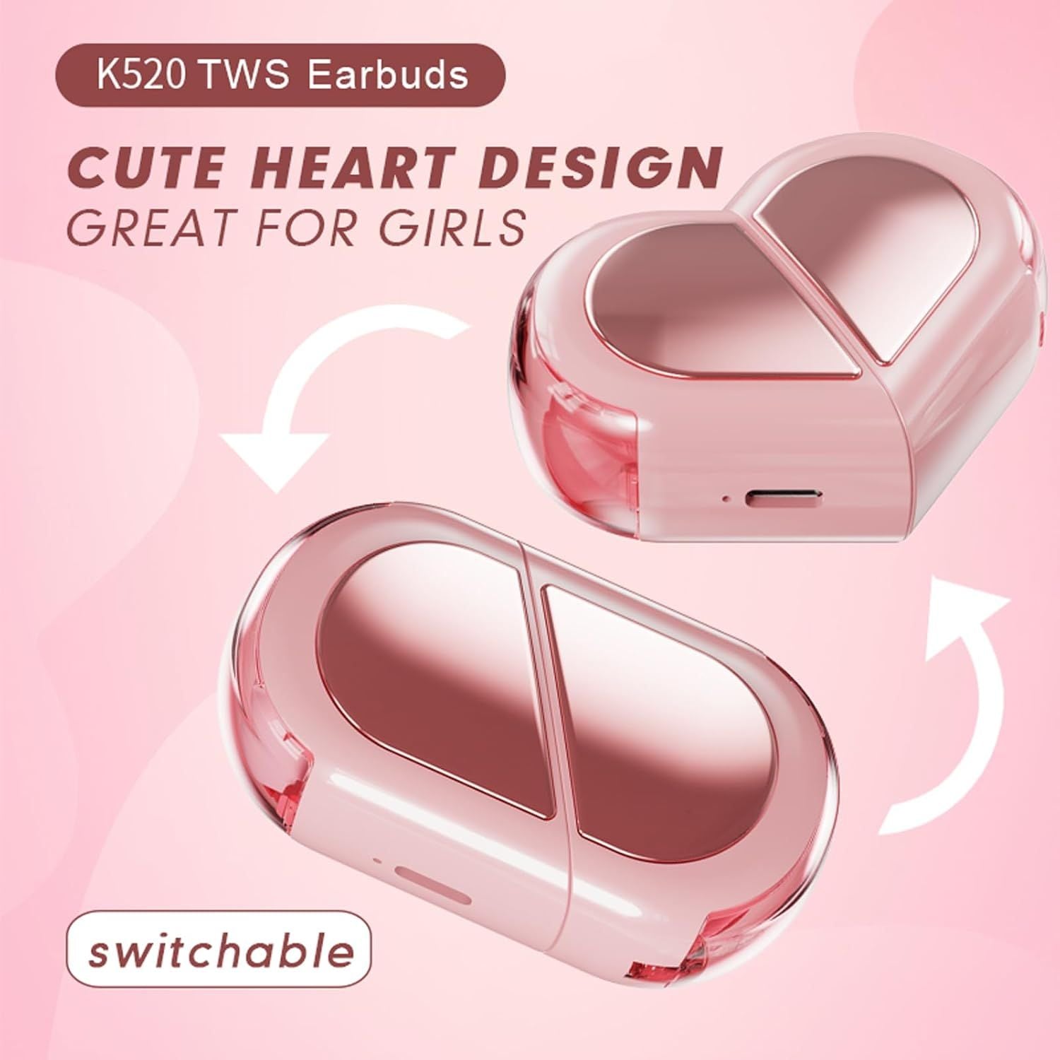 Pink Heart Wireless Earphones for Girls